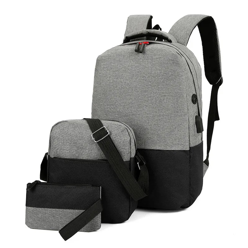 Men's Trendy Fashionable Business School Backpack Set Oxford Three-Piece External USB Waterproof Mesh Minimalist Laptop Backpack