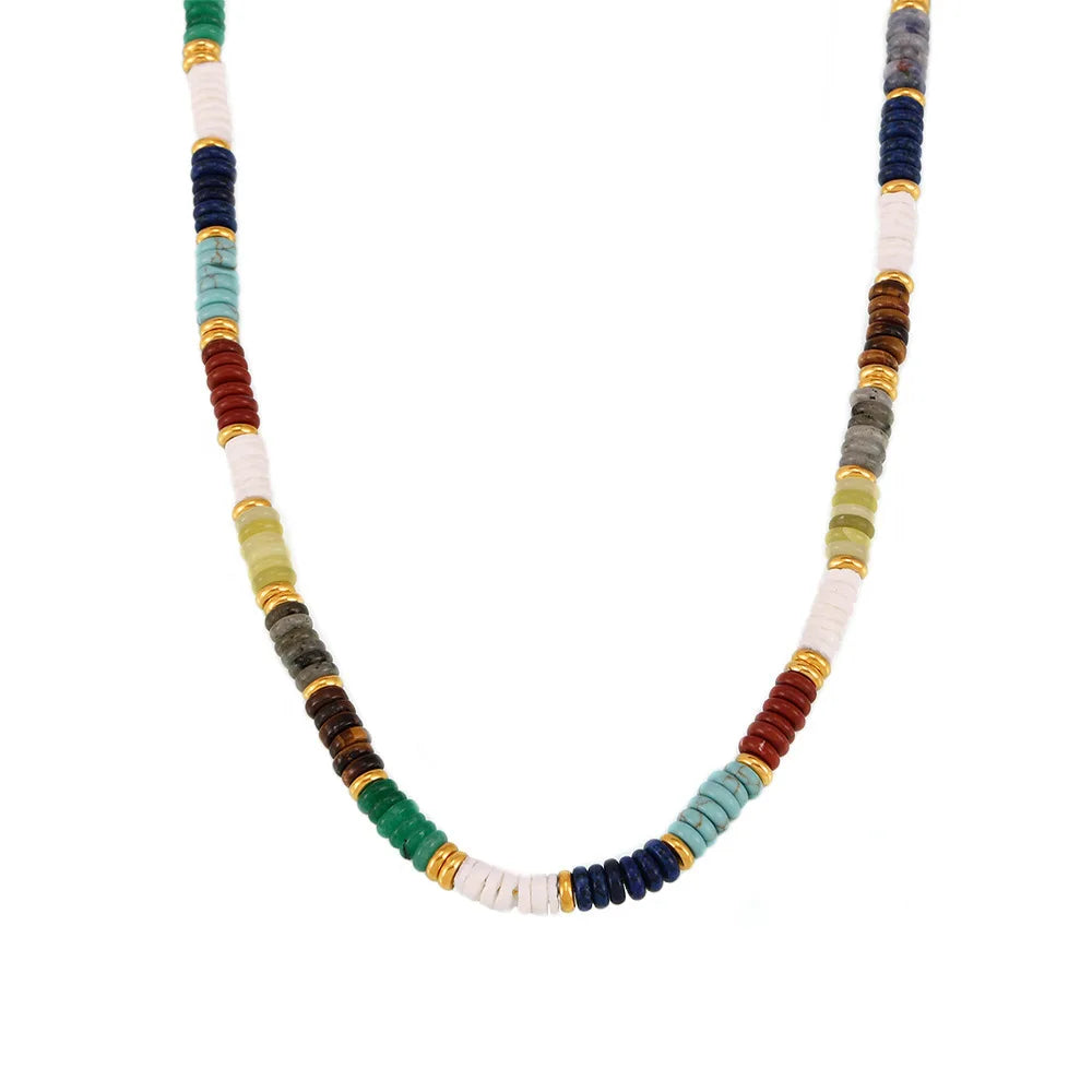 Light Luxury Retro Style Stainless Steel Natural Stone Wheel Beads Beaded Necklace Bracelet Rainbow Jewelry Set