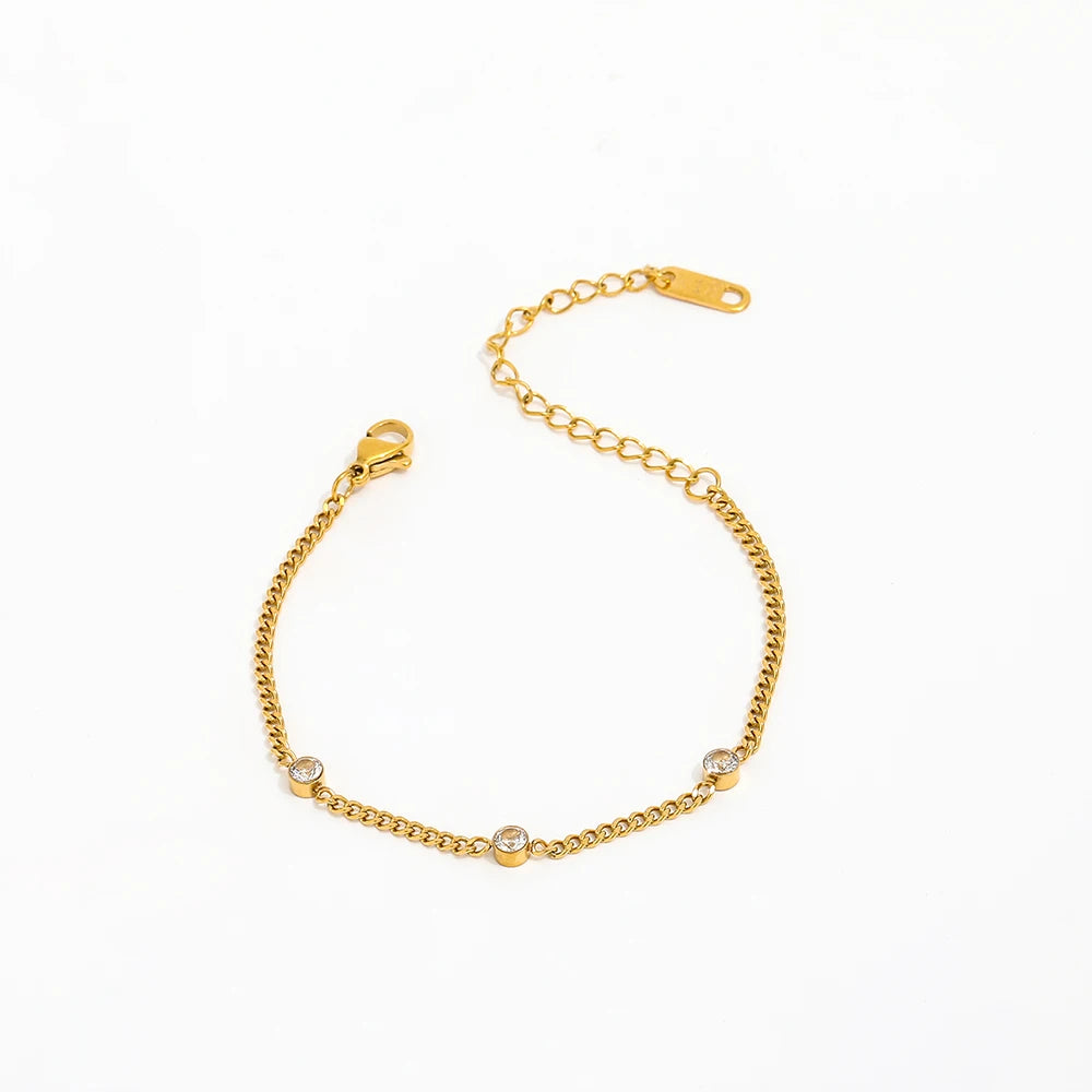 18K PVD Gold Plated Three Zirconia Stainless Steel Charm Bracelet for Women Wholesale Jewelry