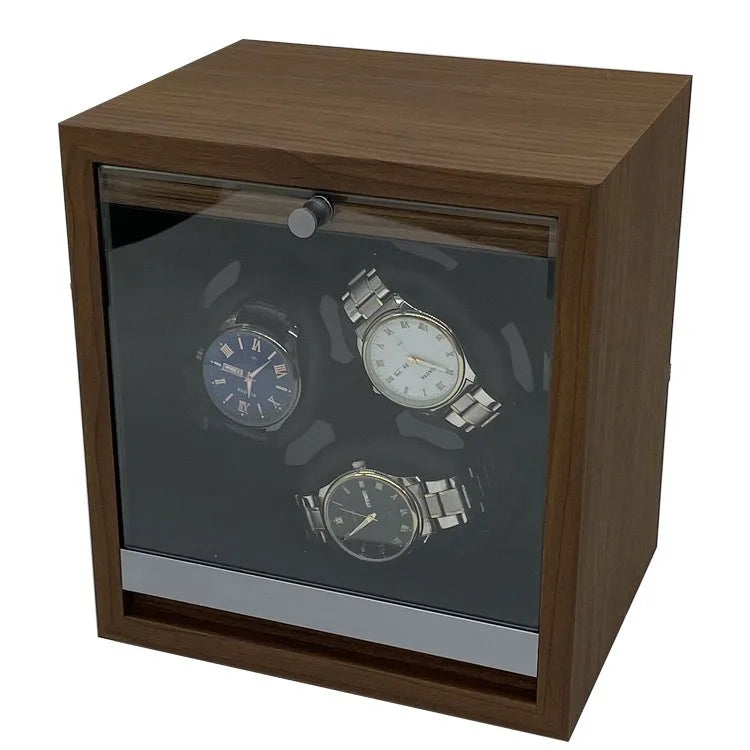 Modern 3-Slot LED Watch Winder with Auto-Stop Feature Handmade Black Walnut Wood Case Soft PU MDF ABS Storage Box for Watches