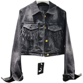 Wholesale 2026 Autumn New Versatile Denim Spliced Feather Slim Top Jacket Women's Coat