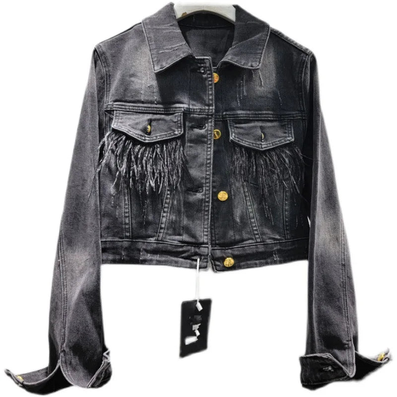 Wholesale 2026 Autumn New Versatile Denim Spliced Feather Slim Top Jacket Women's Coat