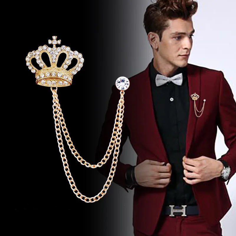 European and American Distinguished Classic Tassel Chain Full Diamond Crown Mens Brooch Suit Accessories