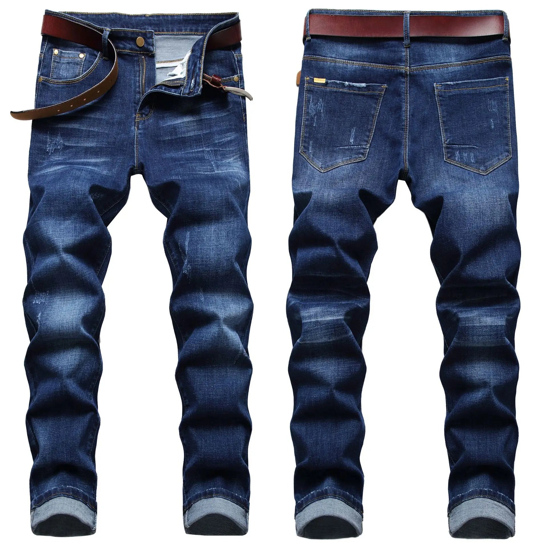 AeeDenim Custom Logo Summer New Arrival Men's Mid-waist Blue Ordinary Print Spot Cotton Micro-elastic Trousers Youth Denim Jeans