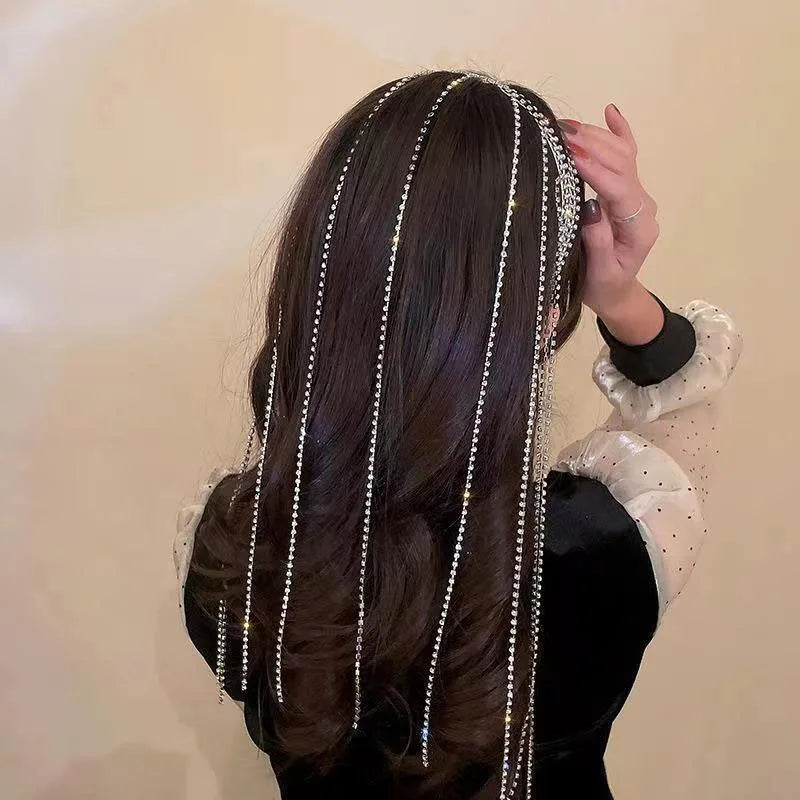 Lady Fashion Trendy Long Crystal Rhinestone Tassel Hair Chain Headband for Women Bridal Chain Hair Accessories Jewelry