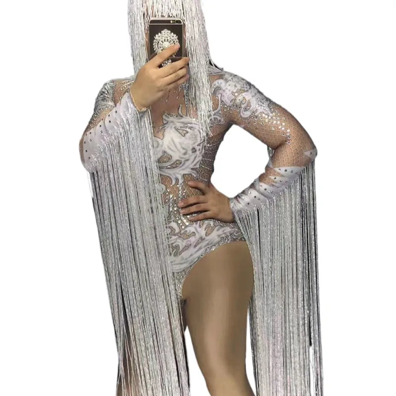 Fashion Long Sleeves Tassel Rhinestone Pole Dance Bodysuit Women Party Club Jumpsuits Playsuits Lady Stage Performance Costumes