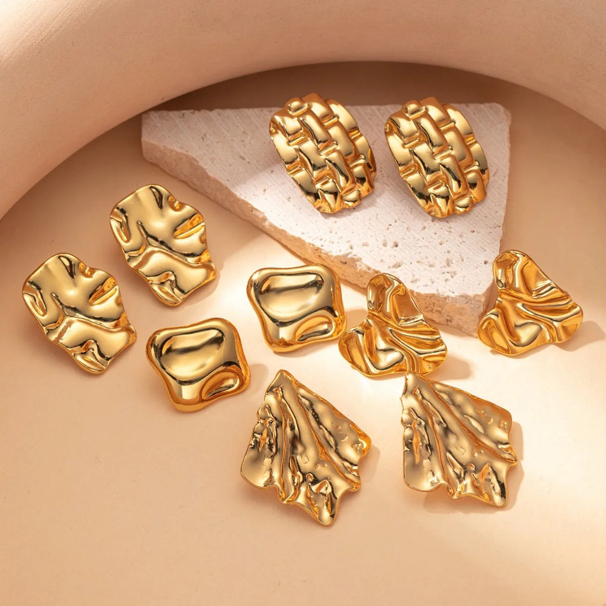 Light Luxury Jewelry 18K Gold Plated Jewelry Geometric Irregular Wrinkle Stainless Steel Stud Earring Set
