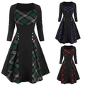 RNSHANGER Gothic Women Dresses Black High Waist Long Sleeves Vestidos Buckled Plaid Panel A-Line Dress for Women