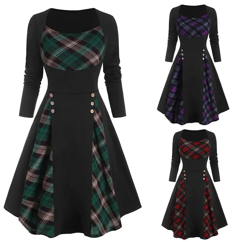 RNSHANGER Gothic Women Dresses Black High Waist Long Sleeves Vestidos Buckled Plaid Panel A-Line Dress for Women