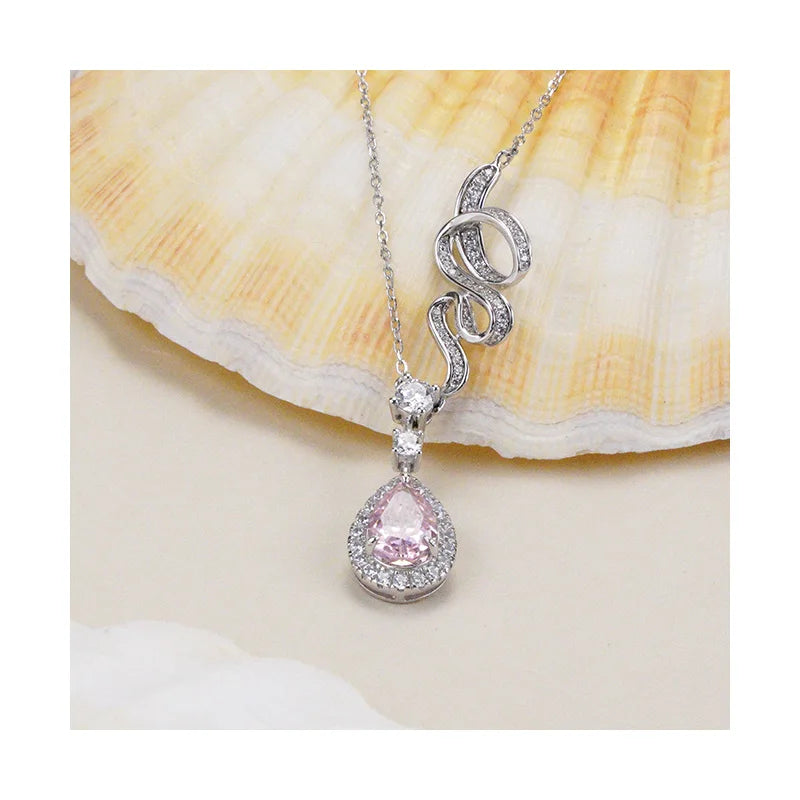Dainty Luxury 925 Sterling Silver Wedding Jewelry Pink High Catbon Diamond Water Drop Irregular Chain Pendant Necklace
