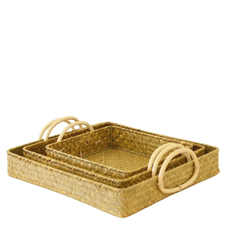 Decorated Hand Woven Large Rattan Rectangular Sea Grass Eco-Friendly Multifunctional Storage Basket with Handle Tray