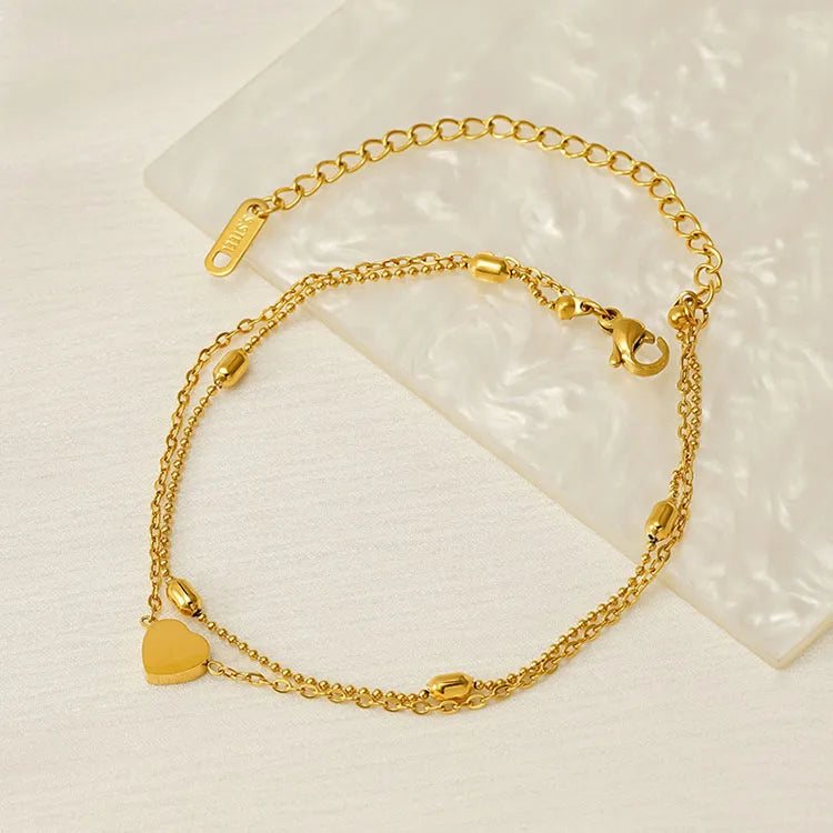 AC1021 Anklets Foot Jewelry Chic Dainty 18K Gold Plated Stainless Steel Heart Charm Bead Anklets for Women