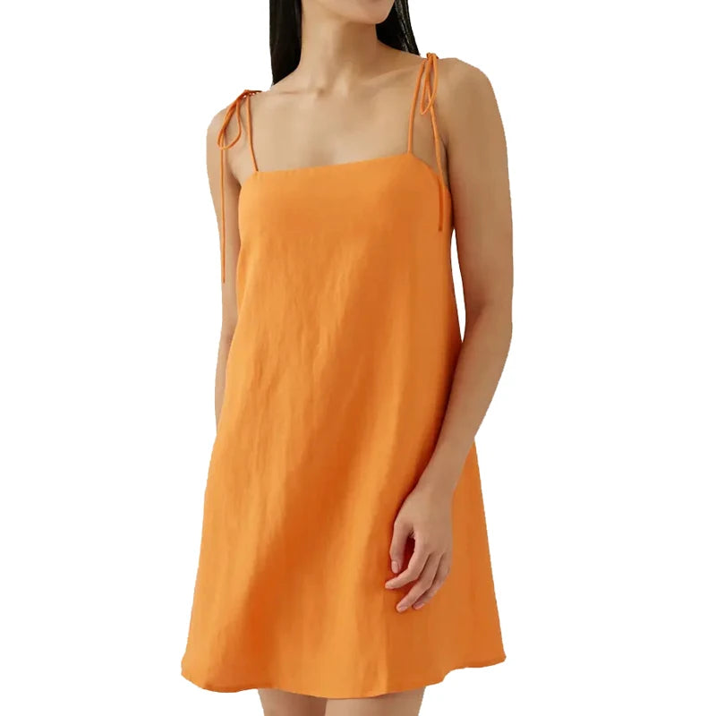 Custom Casual 100% Cotton Padded Linen Tie Shoulder Dress Women's Summer Linen Sundress Plain A-Line Dress