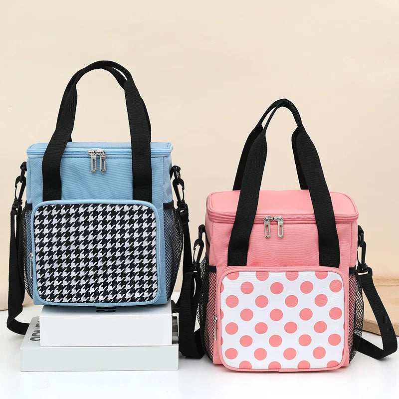 New Printed Flower Tote Insulated Cooler Bag Fashion Korean Oxford Cloth Cooler Lunch Bags with Shoulder Strap