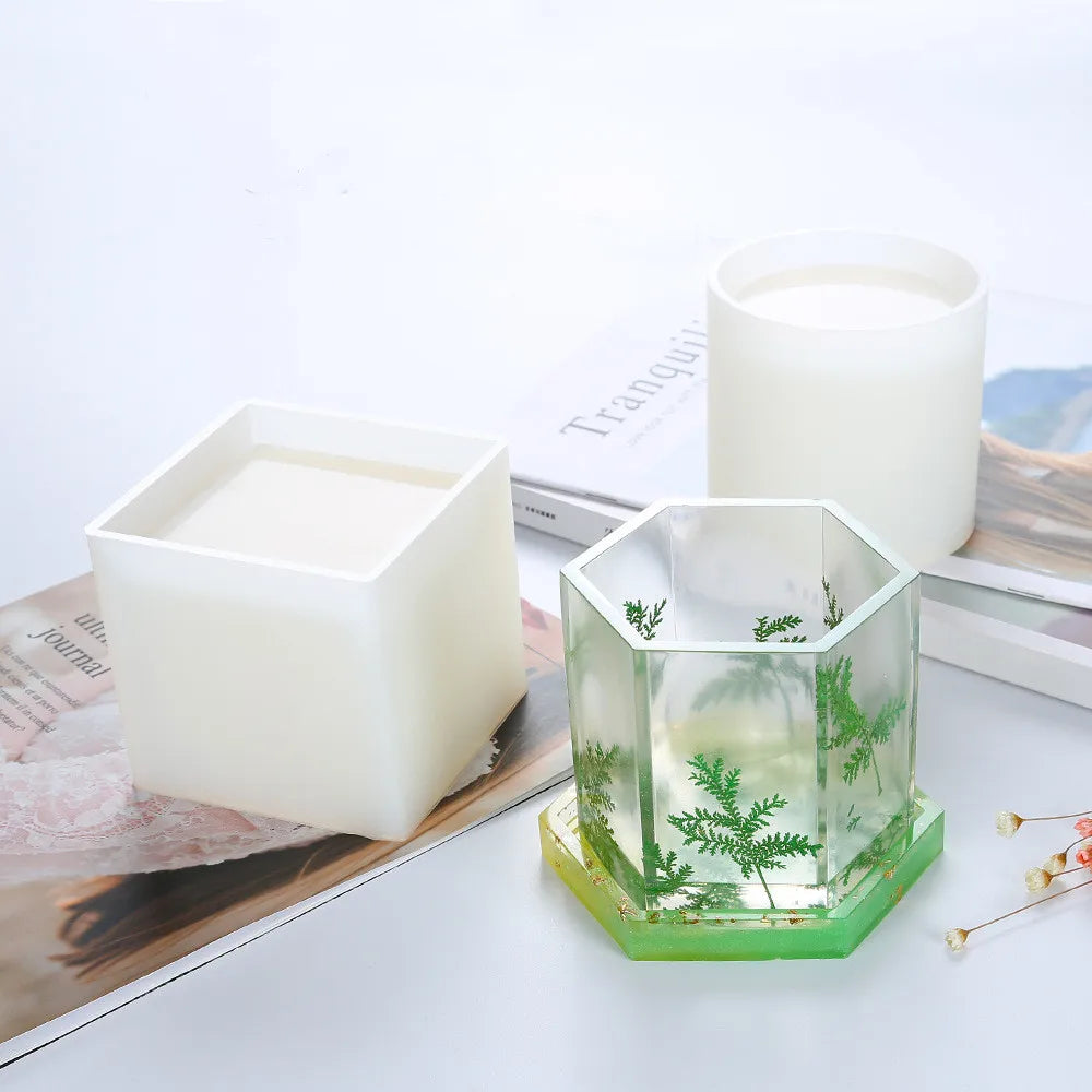 HY Crystal Epoxy Cylinder Square Pen Holder Candle Vessel Resin Mold Silicone Succulent Pot Concrete Mould