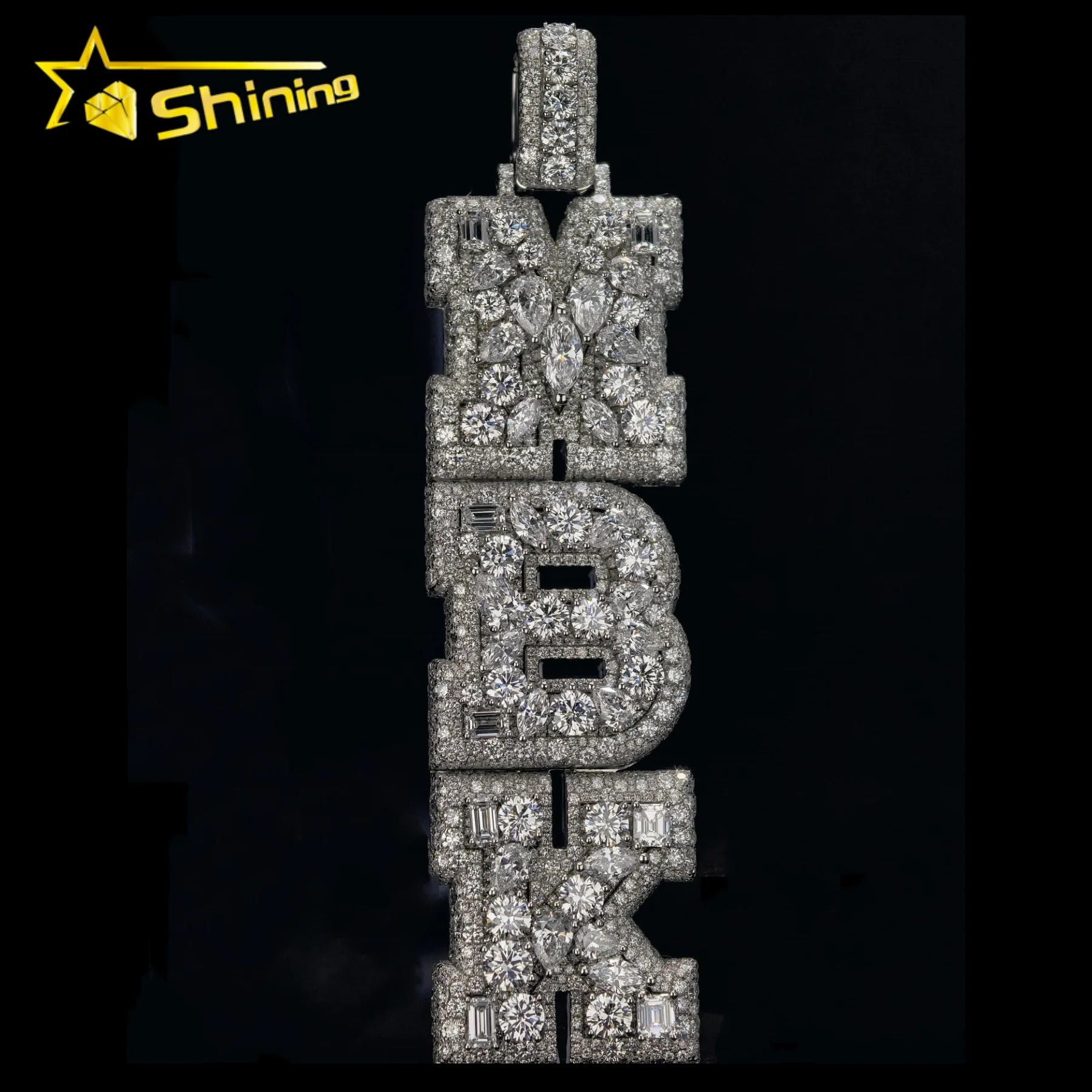 Iced Out Custom Made 3inch Tall Fancy Cut Lab Grown Diamond  10K White Solid Gold Vertical Letter Initial Name Pendant