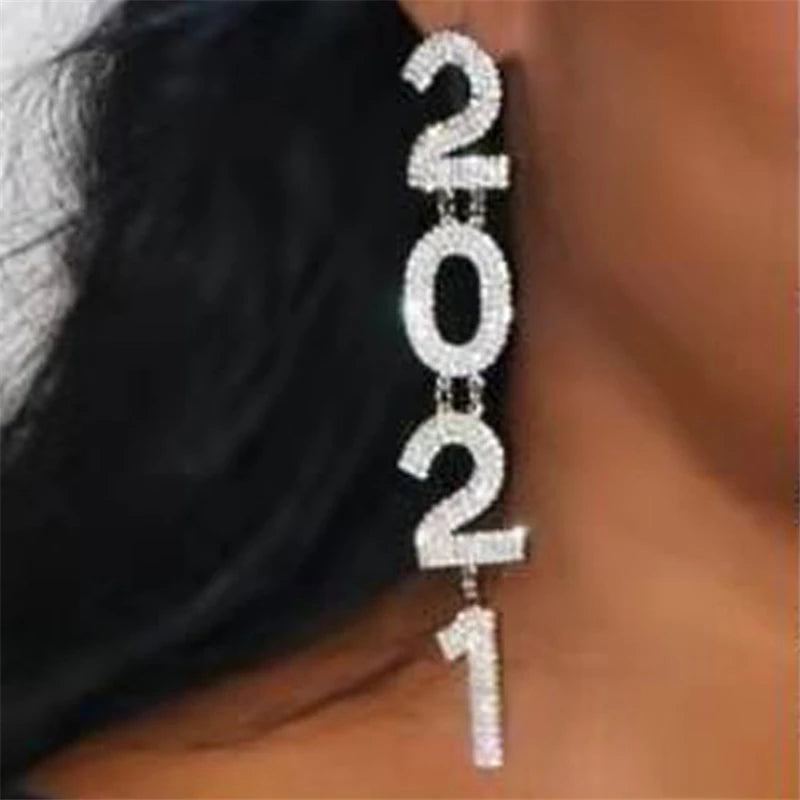 Statement Women Jewelry Number Year Iced Out Crystal Earrings for Women 2021