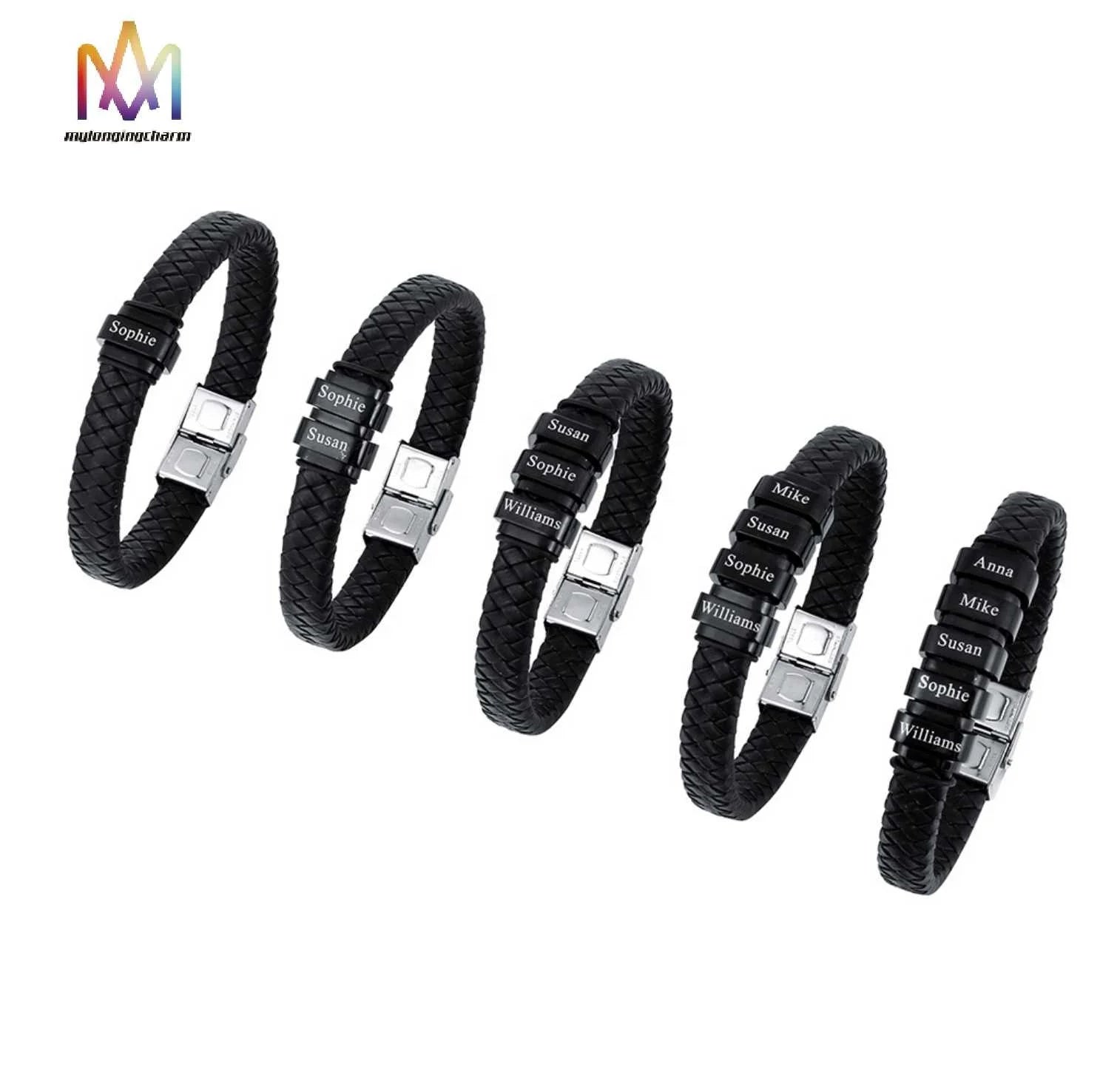 Wholesale Leather Bracelet Engraved Name Men'S Leather Rope Bracelet Father'S Day Gift Valentine'S Day for Men