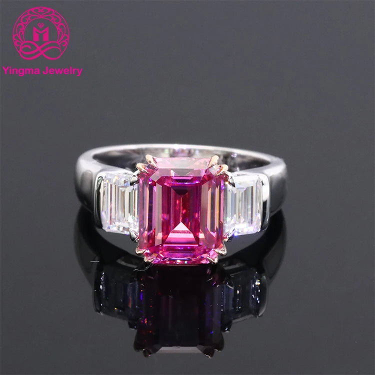 Luxury 3 Carat Emerald Cut pink Moissanite Ring Fine Jewelry AU750 Solid Gold Ring Moissanite Diamond White Gold 18k Ring