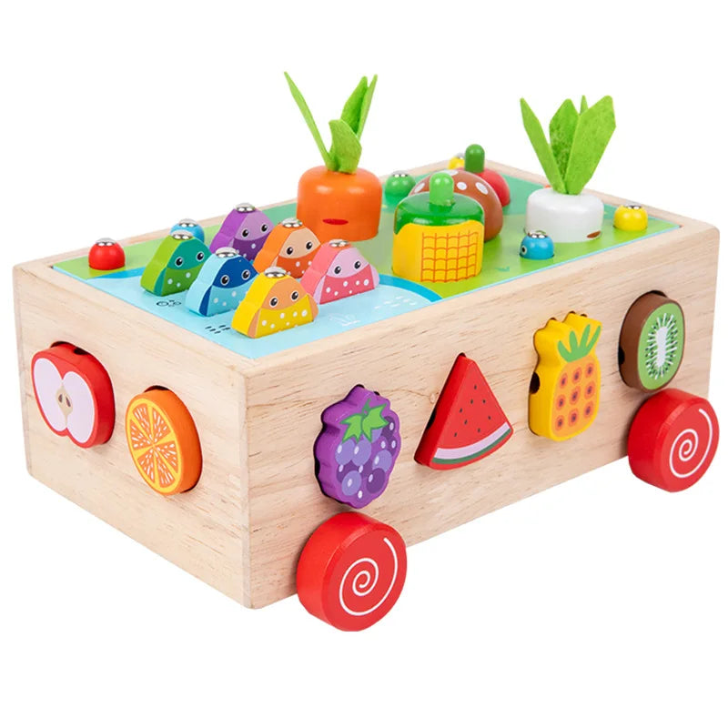 New Arrival Custom Children Wooden Tractor Pull Car Vegetable Fruit Shape Fishing Matching Board Educational Block Toys for Kids