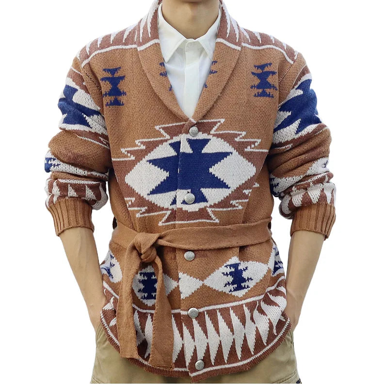2025 High Western Vintage Navajo Aztec Quality Fall Winter v Neck Long Sleeve Knit Cardigan Clothing Men Sweater With Belt