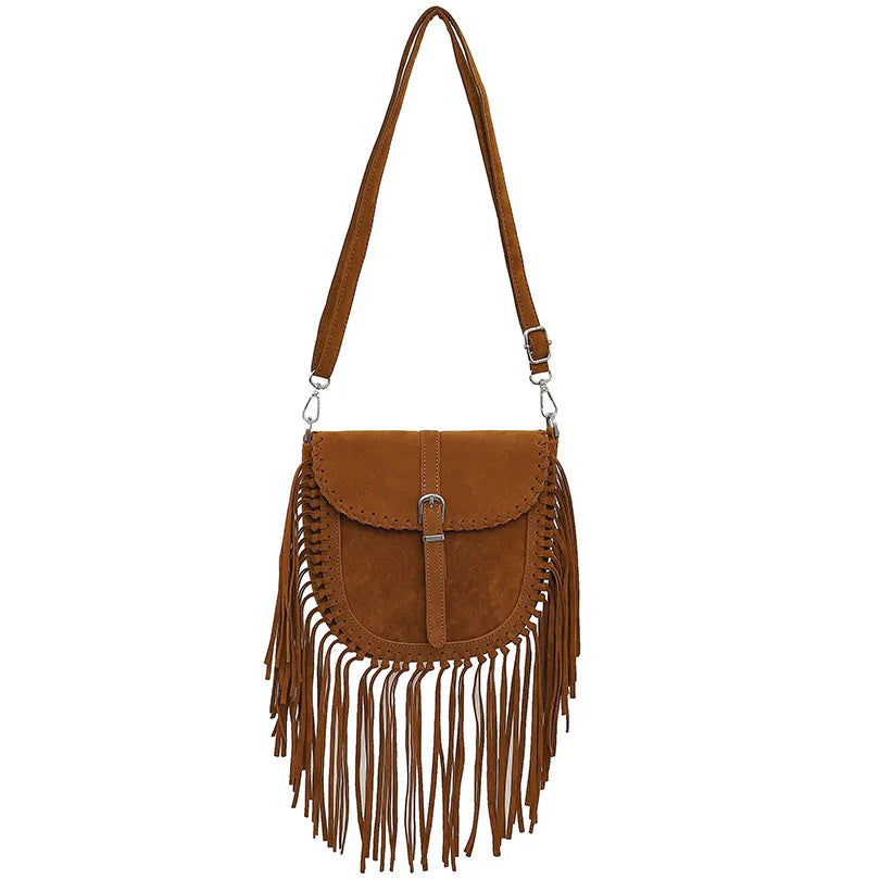 Retro Western Cowboy Bag Minority Ethnic Wave Simia Tassel Crossbody Bag New Fringe Trim Buckle Decor Flap Saddle Bag