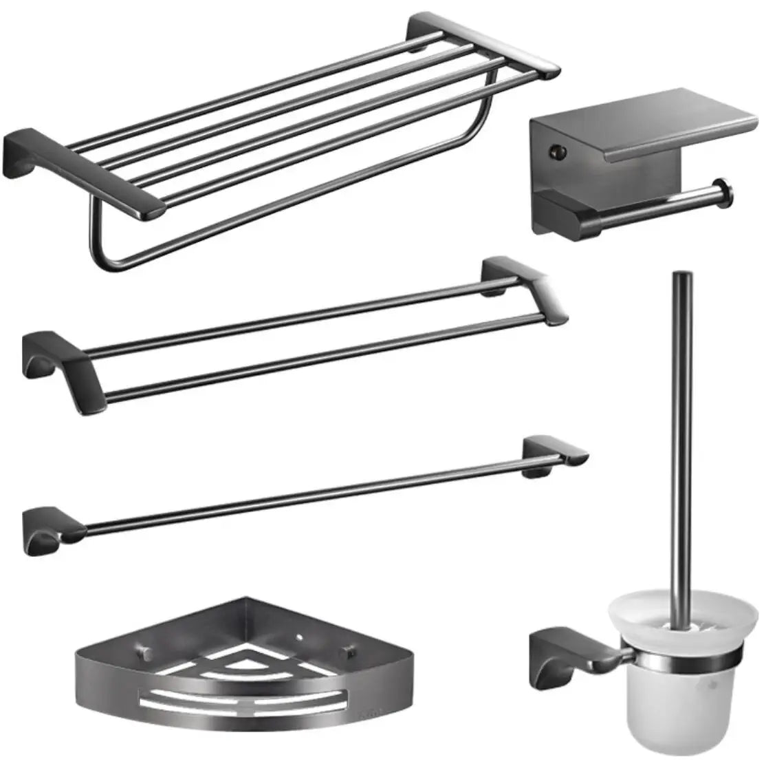 Modern Double Boxed Luxury Gun Grey 6-Piece Metal Bathroom Accessories Set with Designed Hardware