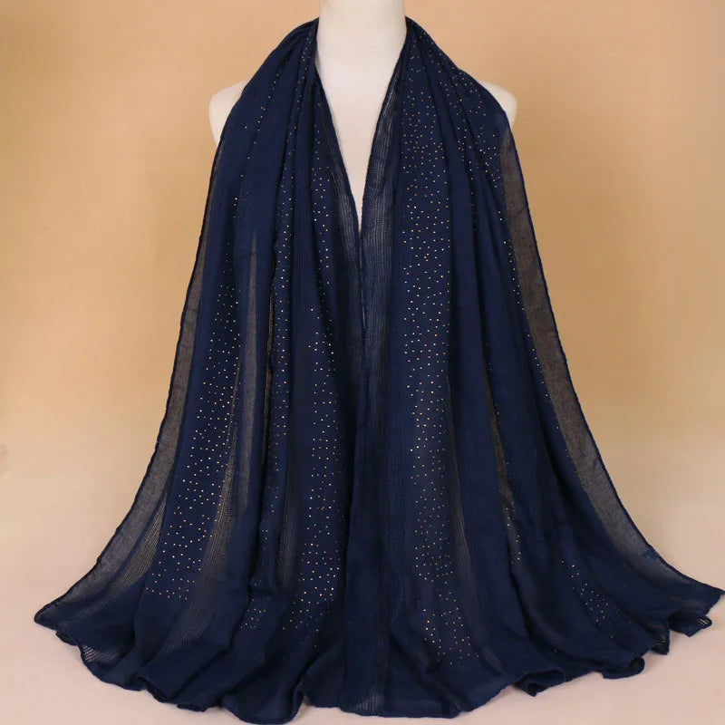 Hot Sale 2026 New Plain Solid Color Cotton and Linen Rhinestone Women's Long Scarf Soft Hijab for Girl