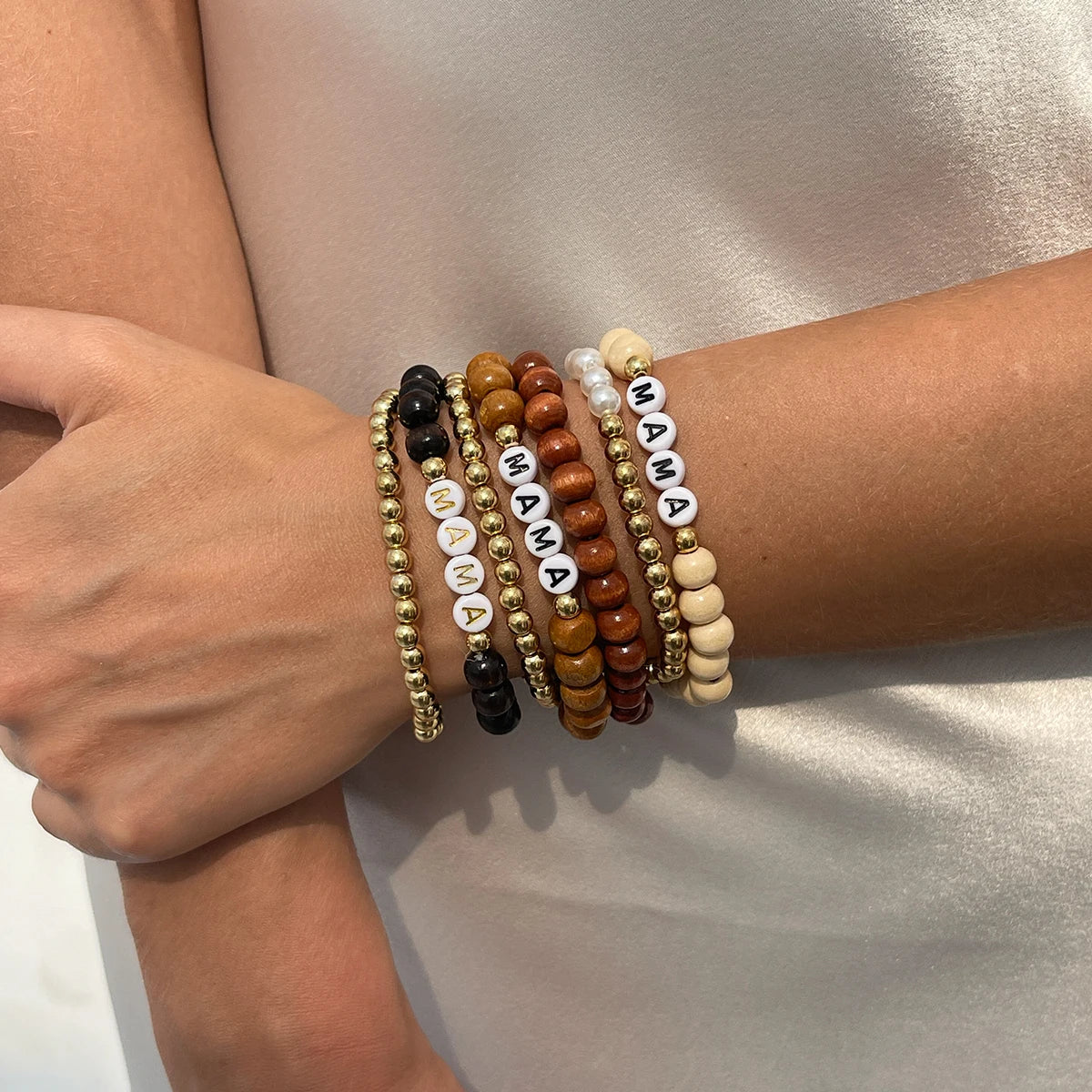 Bohemian Stackable Wooden Beaded Bracelet Set for Women Customizable A-M Letter Lady Hand Chain Accessories Fashion Jewelry Gift