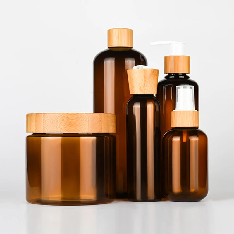 Bamboo Cosmetic Packaging PET 60ml 100ml  120ml  250ml 500ml Amber Plastic Bottle with Bamboo Pump Cap