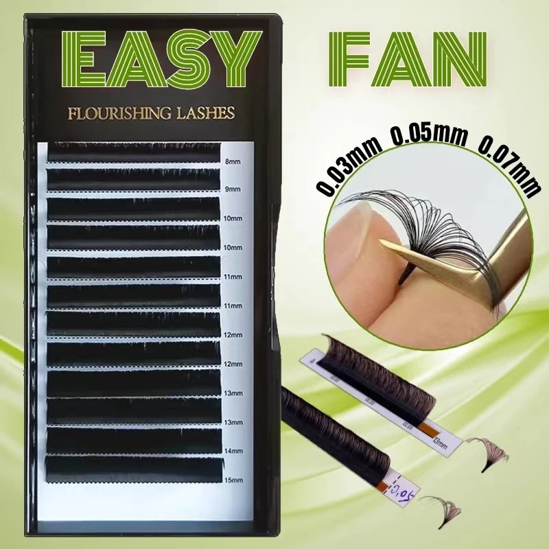 Private Label Packaging 003 005 007mm Easy Fan Silk Mega Volume One Second Rapid Blooming Easy Fanning Eyelash Extension