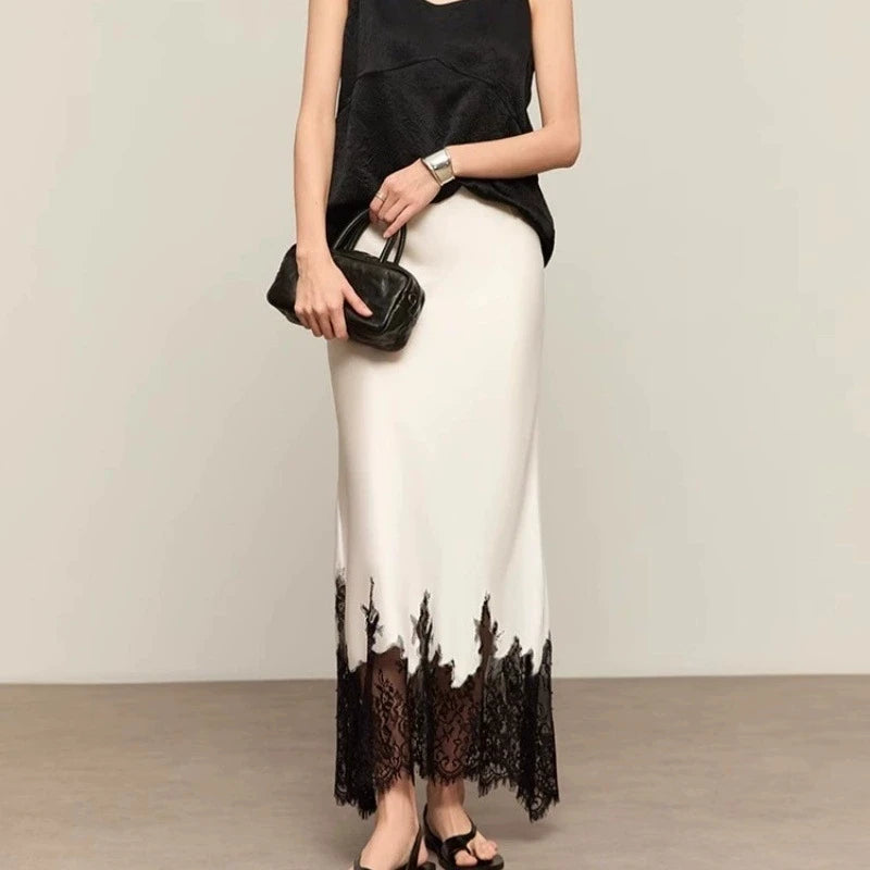 Elegant Lace-Trim Satin Ankle-Length Skirt Women Summer High Waist Trumpet/Mermaid Design Breathable Office Casual Fashion New
