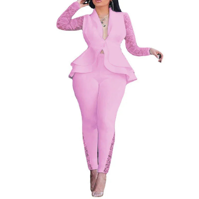 Plus Size Ladies Slim Fitting Business Suits Lace Sleeve Style Pink Deep V-neck Collect Waist Women's Suits & Tuxedo