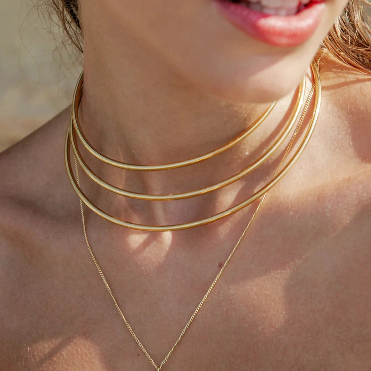 J&D Fashion 18K Gold Minimalist Stainless Steel Daily Jewelry Waterproof 3 Layer Cuff Choker Necklace Women