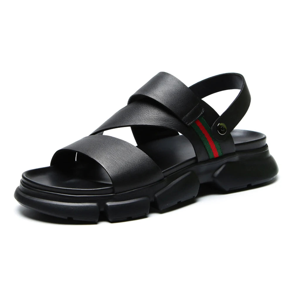 New Arrival Men's European Style Beach Top Layer Genuine Leather Casual Convertible Slippers Custom Logo Hook Loop Closure