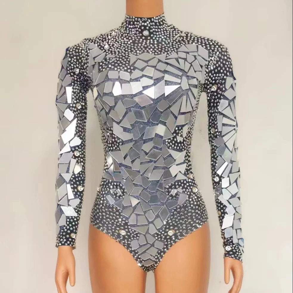 Women Girl Sexy Mirror Bodysuit Stage Dance Costume Silver Gold Leotard Club bar Performance Clothing