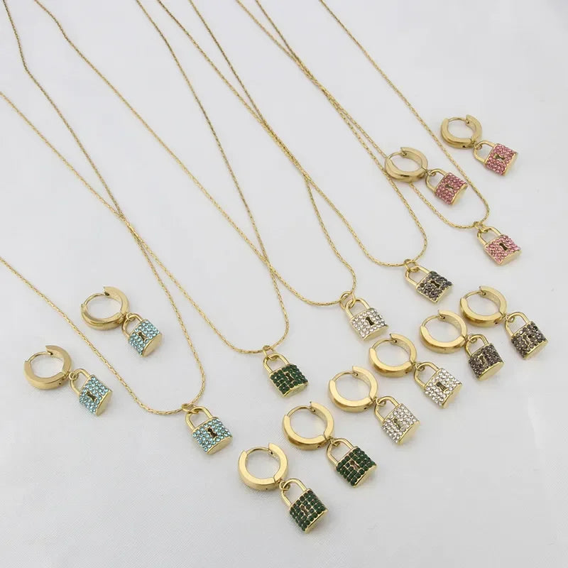 Women Waterproof 18k Gold Plated Stainless Steel Fashion Pendant Necklace Lock Color Cubic Zirconia Earrings Luxury Jewelry Set