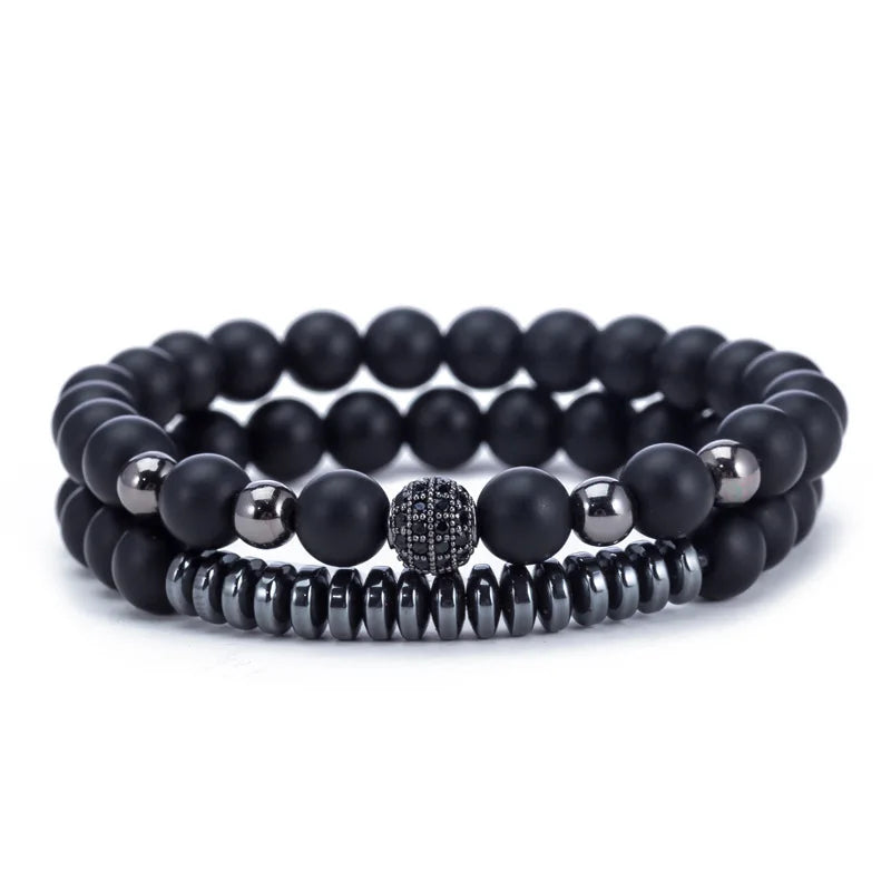 Hot Sell 2 Pcs/ Set Couple Natural Stone Beads Wristband with Micro Zircon Elastic Thread Lover Beaded Bracelet