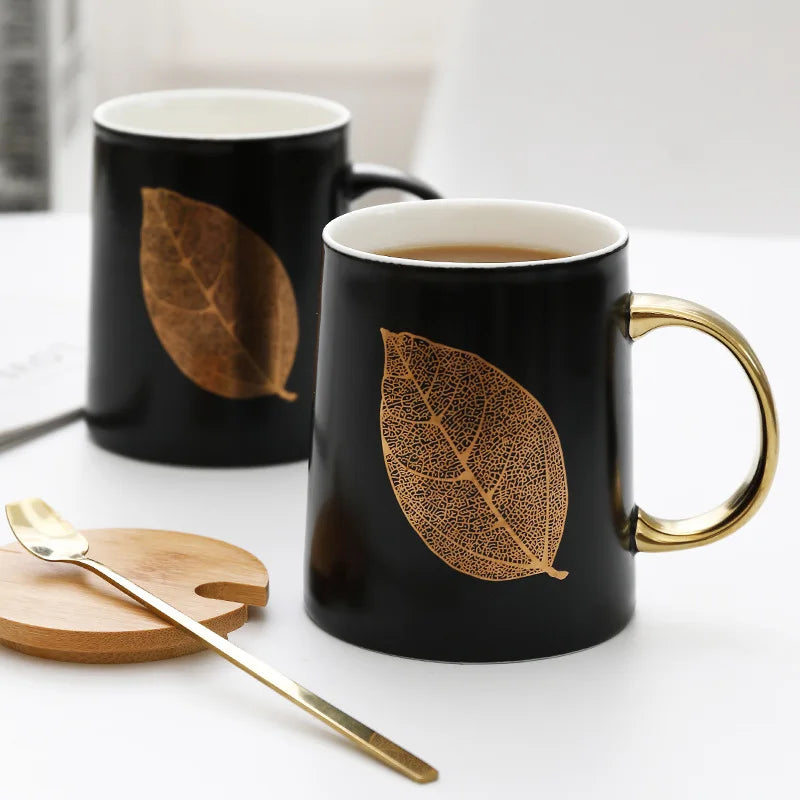 Original European Style Creative Light Luxury Office Gold Mugs Travel With Wooden Lid Black Ceramic Coffee Mug