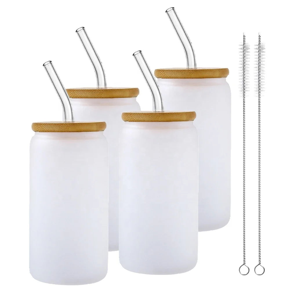 12Oz 16Oz 20Oz Frosted Glass Cup Borosilicate Can Cooler Water Mug Tumbler Bamboo Lid With Straw