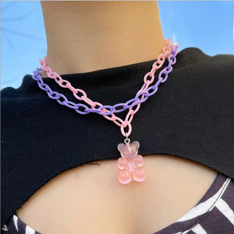 SC Fashion Punk Resin Gummy Bear Pendant Necklace Cute Harajuku Style Pink Purple Layered Jelly Bear Necklace for Teen Girls