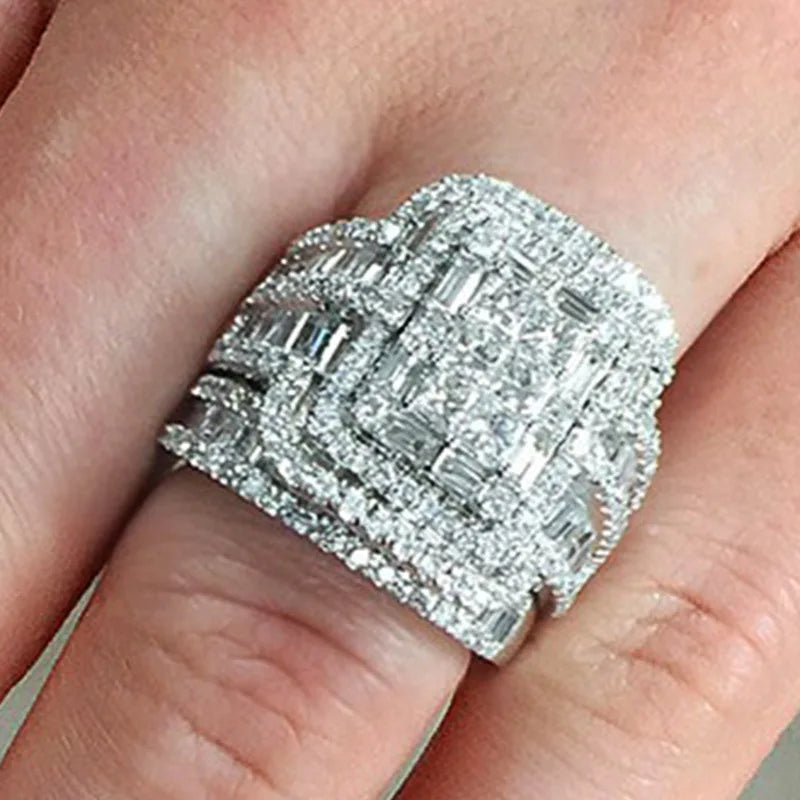 CAOSHI Bride Bague Diamonds Full Rectangle Rings Wedding Glitter Rings Women Silver Couple Luxury Ring Set