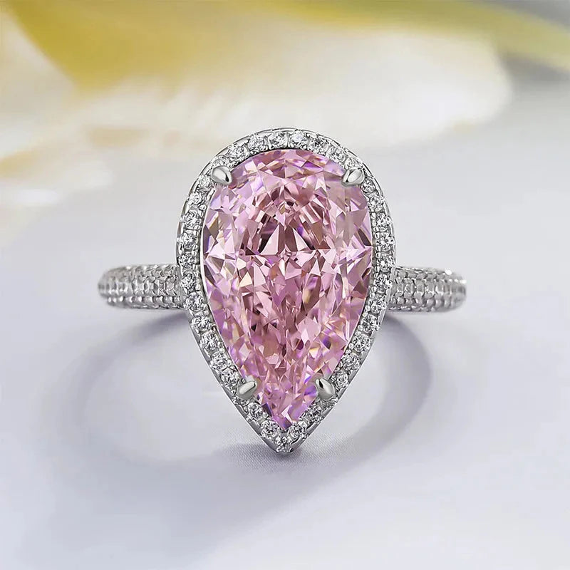 Huitan Luxury Pink/Yellow Pear Shaped Crystal Cubic Zirconia Wedding Rings for Women Engagement Silver Plated CZ Rings Jewelry