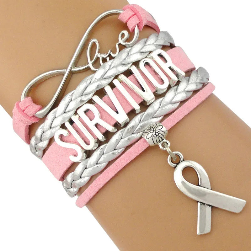 Pray for Breast Cancer Survivors Brave Strong Faithful-Awareness Love Ribbon Leather Bracelets Cure Disease Fight for Hope