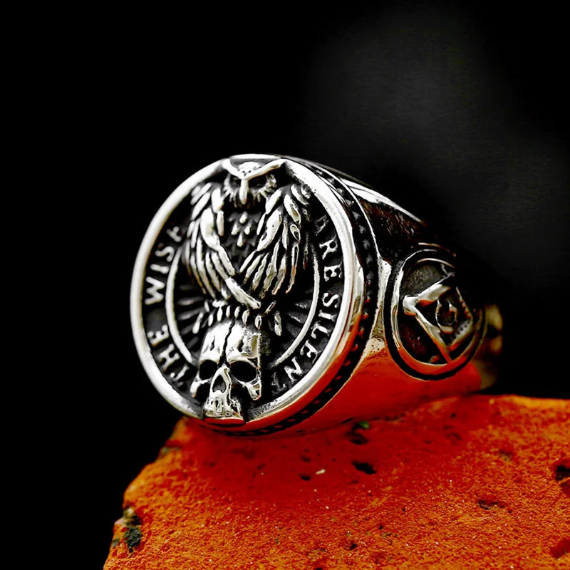 New Gothic Viking Freemasonry and Raven Skull Stainless Steel Ring Unisex Men and Women's Male Gift