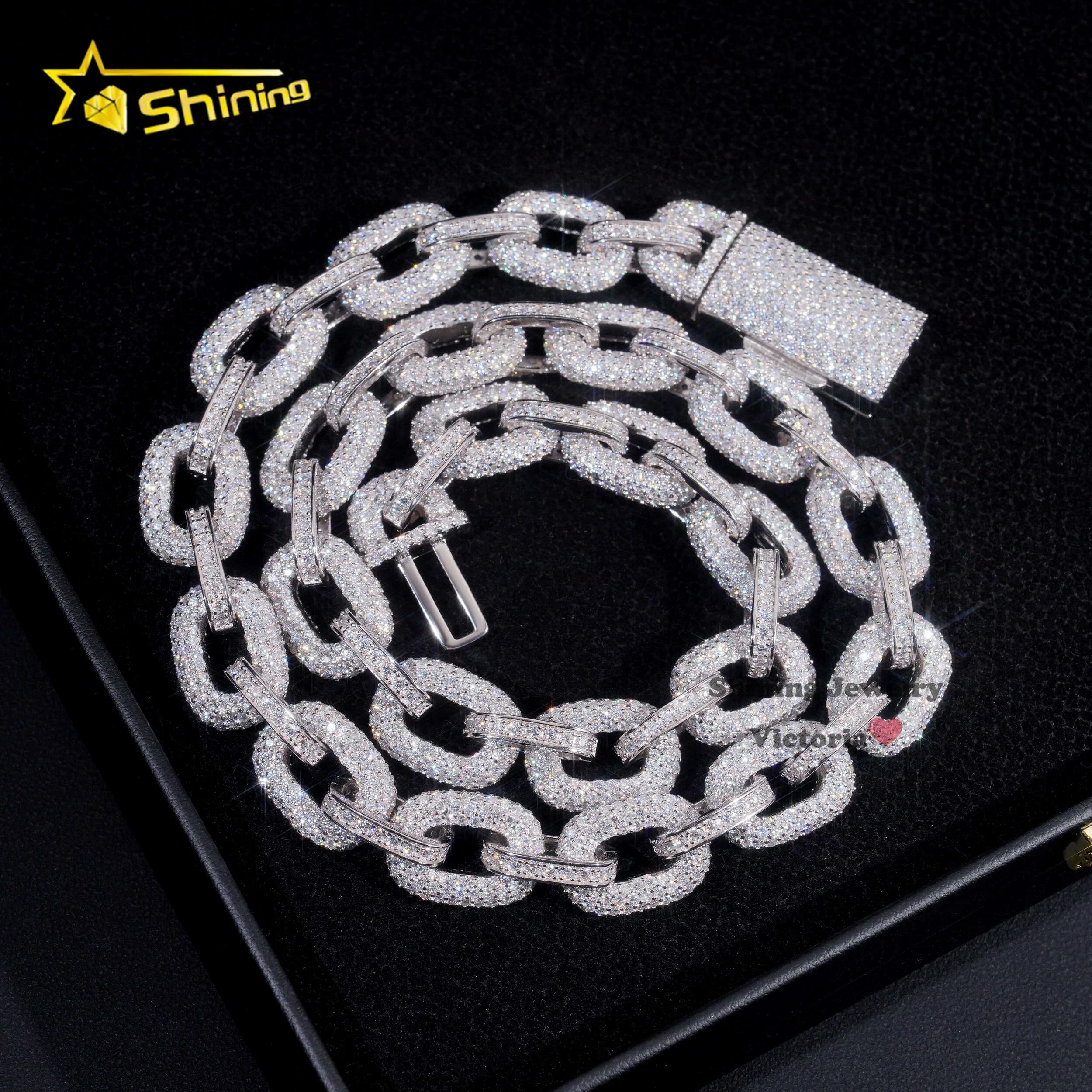 New Arrivals Trendy Iced Out Custom 925 Soild Silver VVS Moissanite Miami Cuban Necklace 10MM Oval Box Link Chain