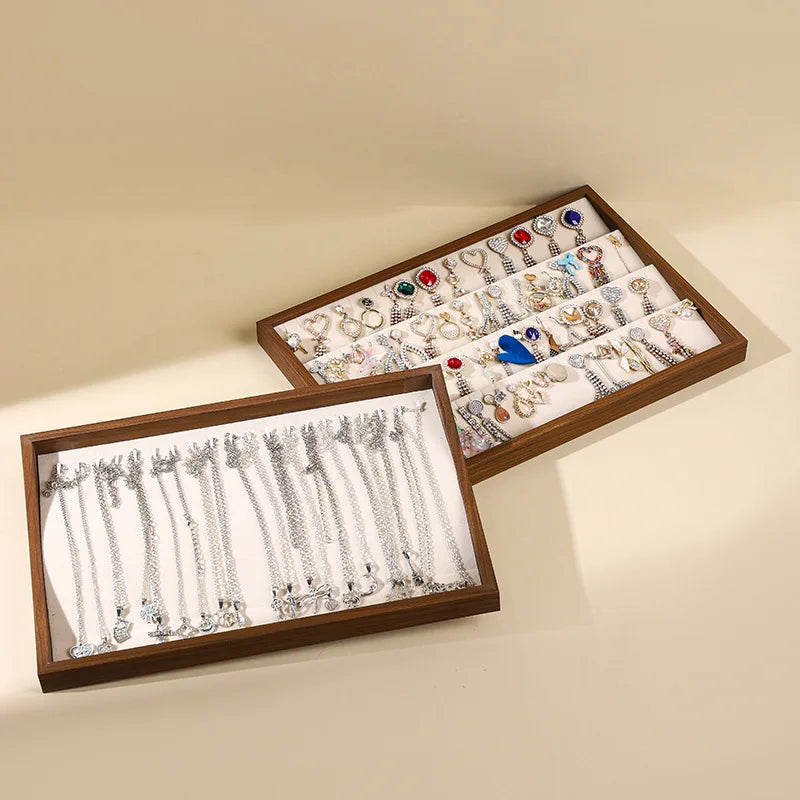 Popular Solid Wooden Velvet Necklace Pendant Jewelry Display Tray Earrings Bracelet Container Tray Jewelry Retail Store Tray