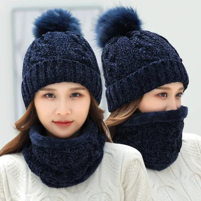 Hot Sale Winter Women Thick Wool Pom Pom Beanies Warm Knitted Scarf Hat