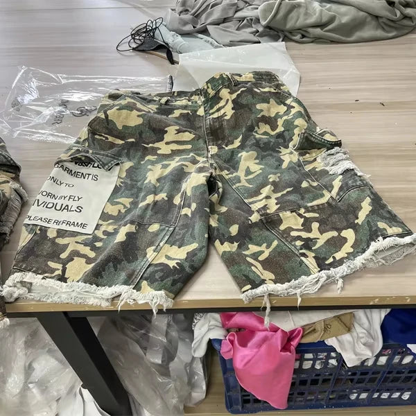 KY All Over Print Cotton Jorts Distress Embroidery Patch Raw Edge Camo Cargo Shorts 3D Cargo Pockets Camo Shorts Men