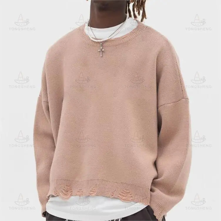 2026 Fashion Long Sleeve Pullover Sweater Spring Fall Sweater Baggy Cut Edge Vintage Distressed Ripped Sweater Men